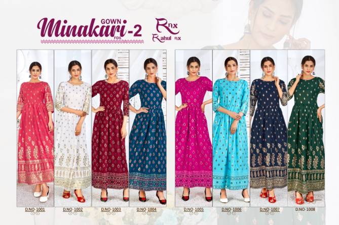 Rnx Gown Minakari 2 Heavy Party Wear Rayon Printed Latest Long Kurti Collection